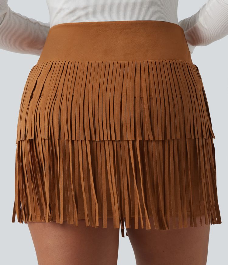Crossover High Waisted 2-in-1 Fringe Hem Bodycon Mini Suede Party Skirt