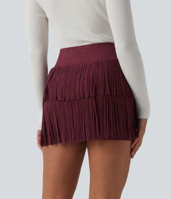 Crossover High Waisted 2-in-1 Fringe Hem Bodycon Mini Suede Party Skirt