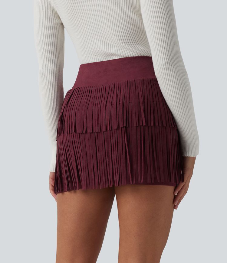 Crossover High Waisted 2-in-1 Fringe Hem Bodycon Mini Suede Party Skirt