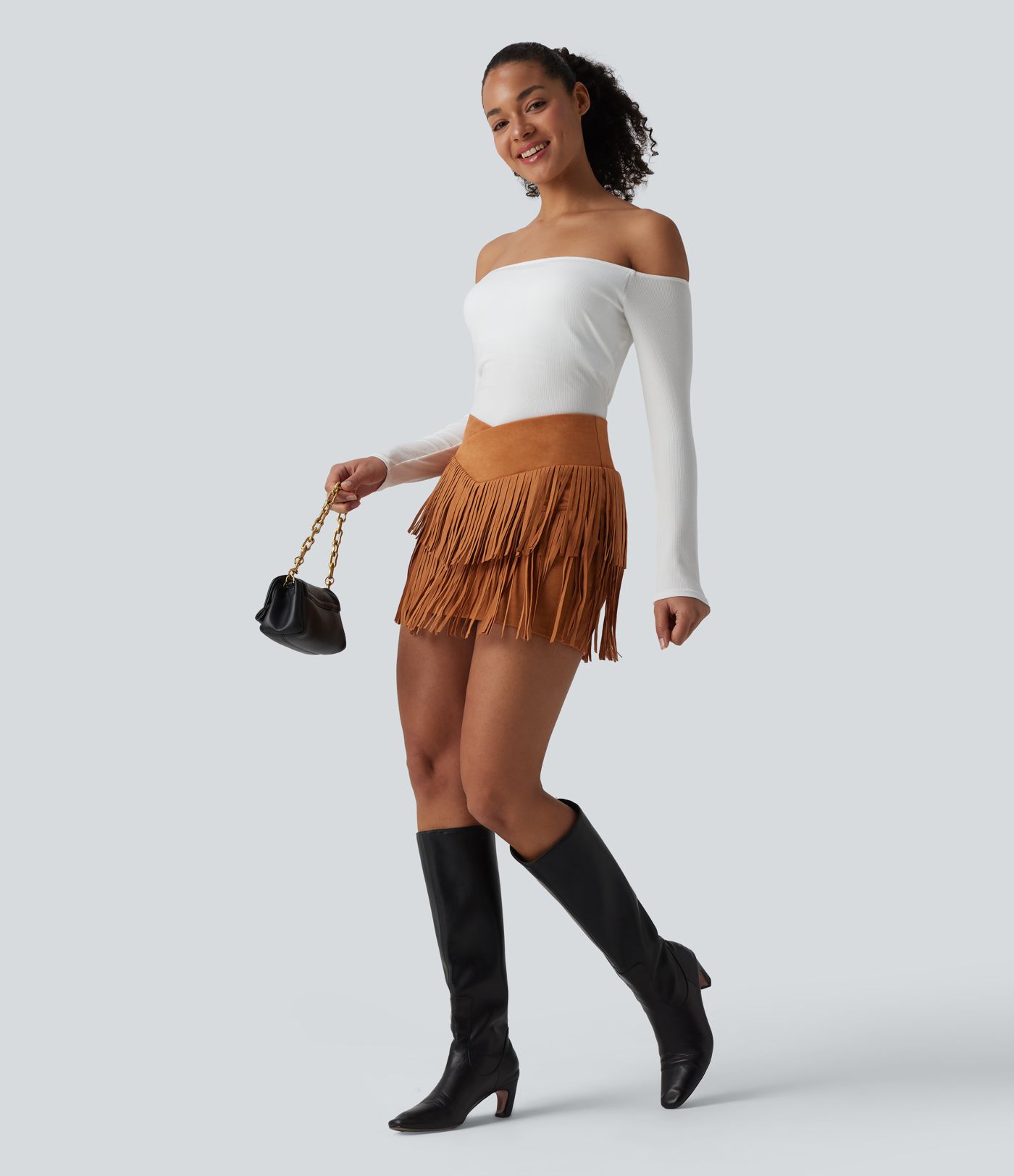 Crossover High Waisted 2-in-1 Fringe Hem Bodycon Mini Suede Party Skirt