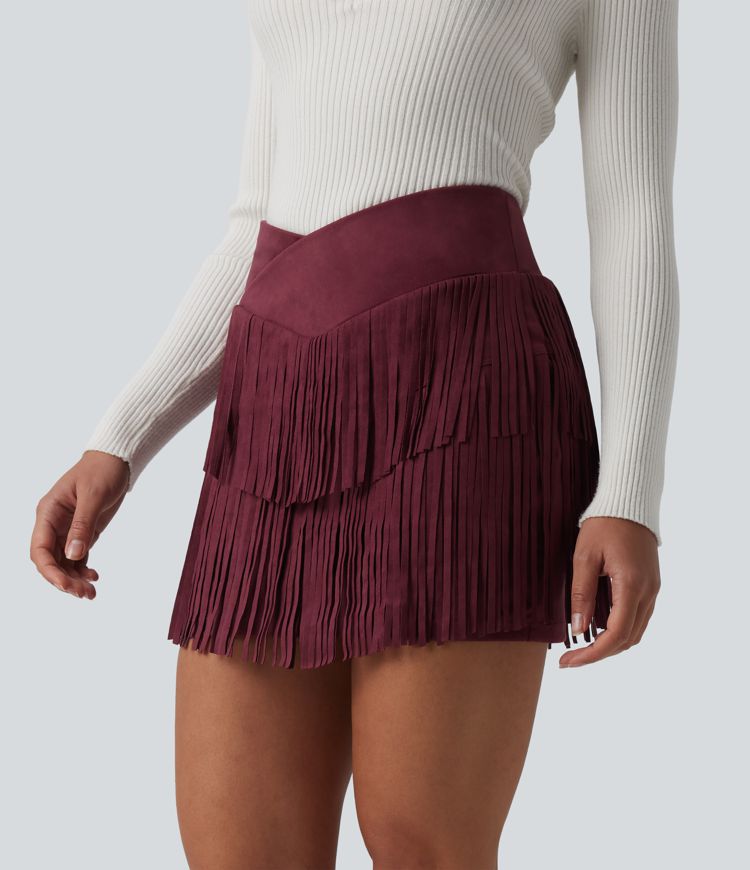 Crossover High Waisted 2-in-1 Fringe Hem Bodycon Mini Suede Party Skirt