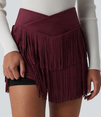 Crossover High Waisted 2-in-1 Fringe Hem Bodycon Mini Suede Party Skirt