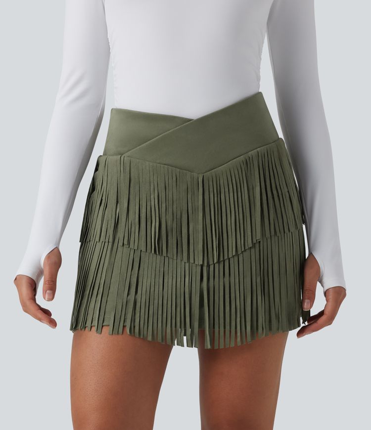 Crossover High Waisted 2-in-1 Fringe Hem Bodycon Mini Suede Party Skirt