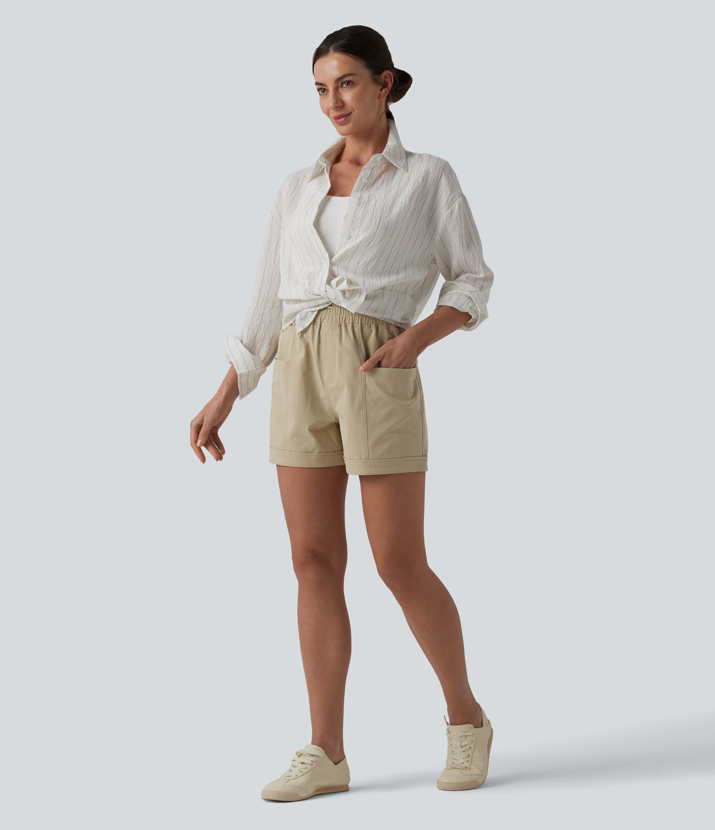 Mid Rise Drawstring Stretchy Poplin Casual Baggy Shorts with Pockets