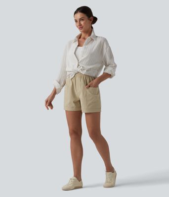 Mid Rise Drawstring Stretchy Poplin Casual Baggy Shorts with Pockets