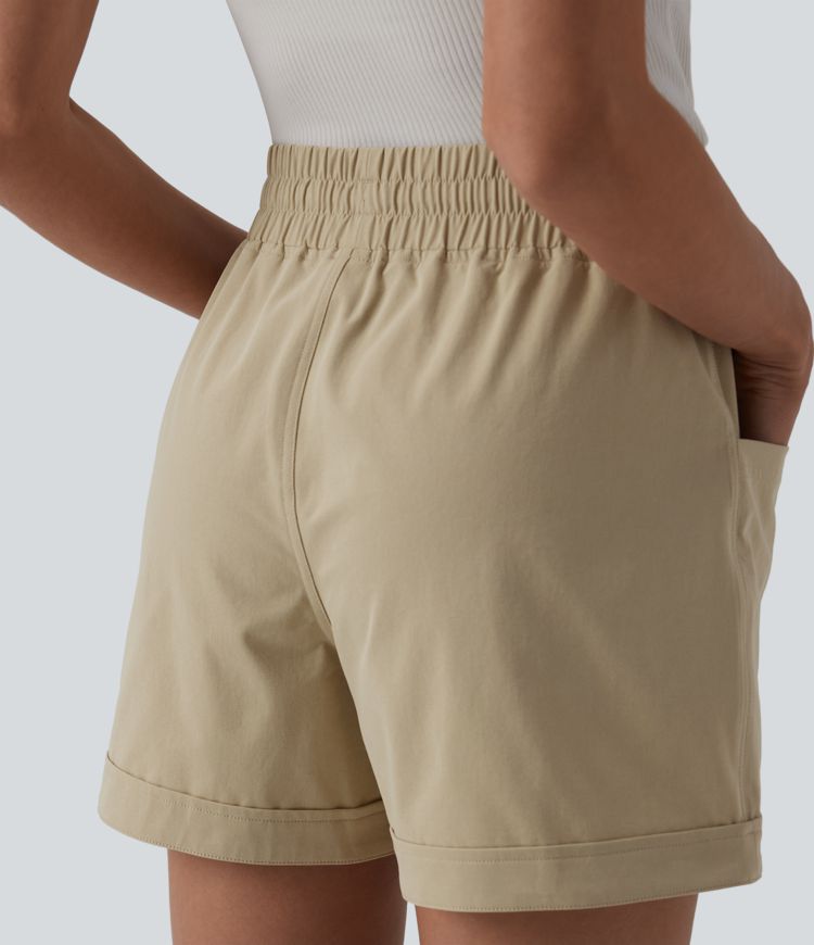 Mid Rise Drawstring Stretchy Poplin Casual Baggy Shorts with Pockets