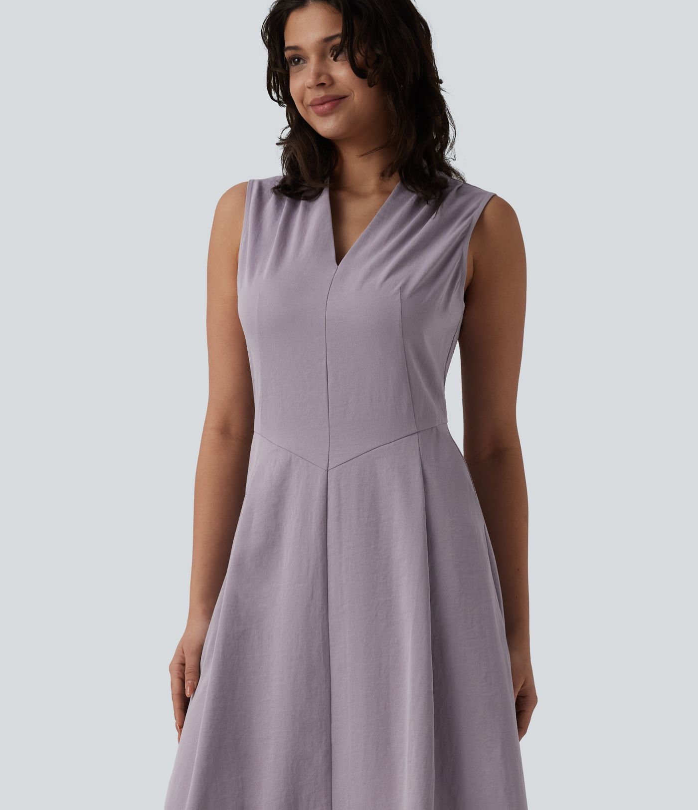 V-neck Pleated Sleeveless Invisible Zipper Midi Work Dress with Pockets