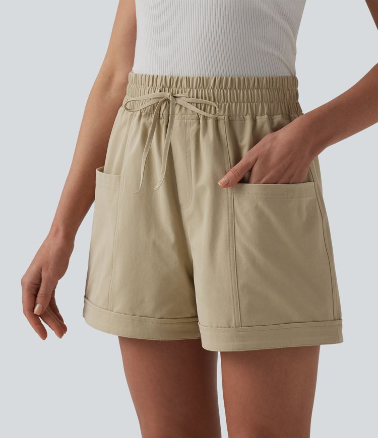 Mid Rise Drawstring Stretchy Poplin Casual Baggy Shorts with Pockets