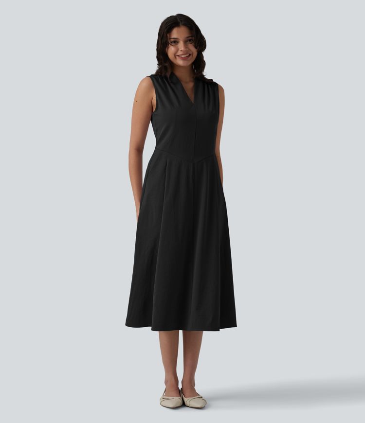 V-neck Pleated Sleeveless Invisible Zipper Midi Work Dress with Pockets