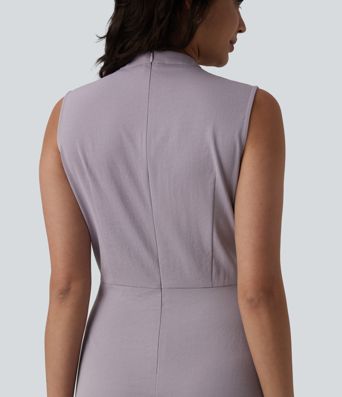 V-neck Pleated Sleeveless Invisible Zipper Midi Work Dress with Pockets