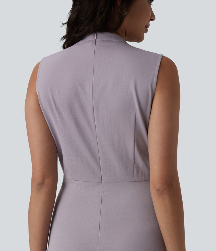 V-neck Pleated Sleeveless Invisible Zipper Midi Work Dress with Pockets