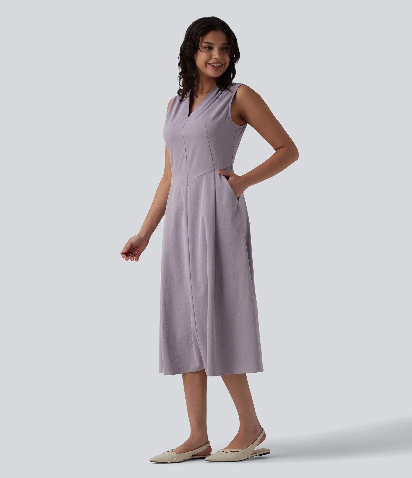 V-neck Pleated Sleeveless Invisible Zipper Midi Work Dress with Pockets