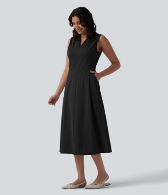 V-neck Pleated Sleeveless Invisible Zipper Midi Work Dress with Pockets