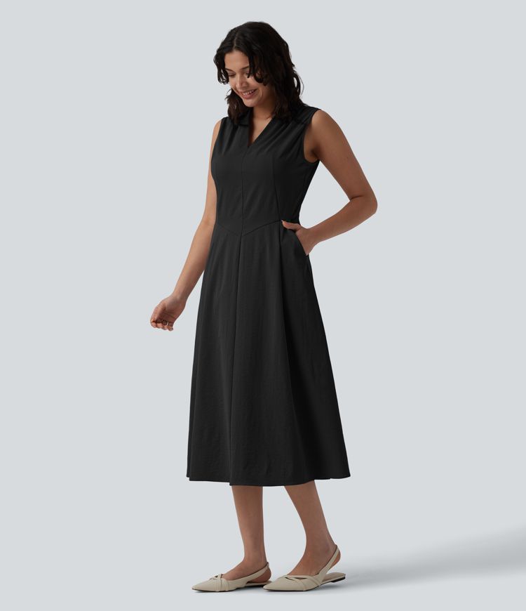 V-neck Pleated Sleeveless Invisible Zipper Midi Work Dress with Pockets