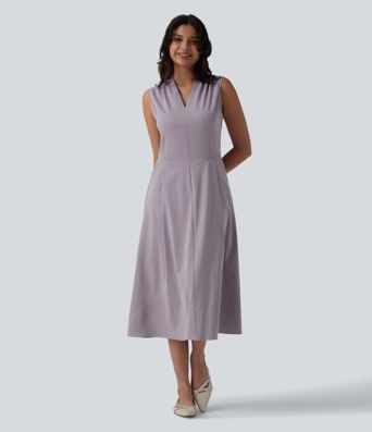 V-neck Pleated Sleeveless Invisible Zipper Midi Work Dress with Pockets