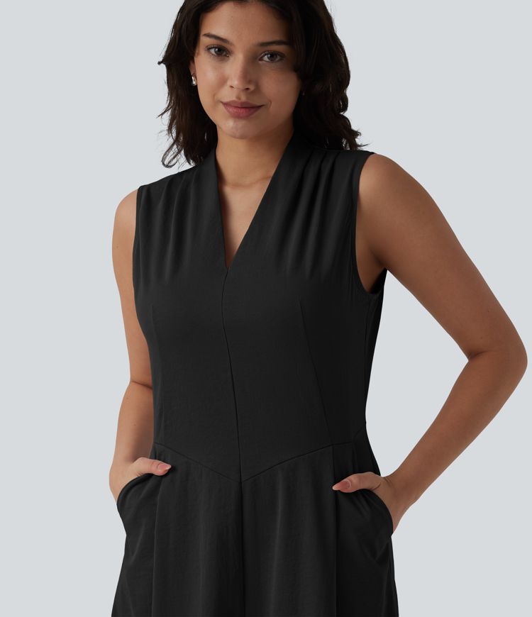 V-neck Pleated Sleeveless Invisible Zipper Midi Work Dress with Pockets