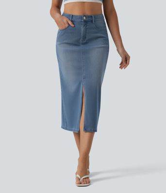 Halara Flex™ High Waisted Split Midi Denim Casual Straight Skirt with Pockets