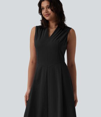 V-neck Pleated Sleeveless Invisible Zipper Midi Work Dress with Pockets