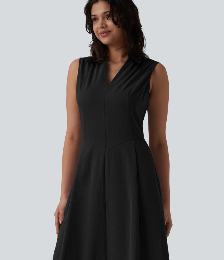 V-neck Pleated Sleeveless Invisible Zipper Midi Work Dress with Pockets