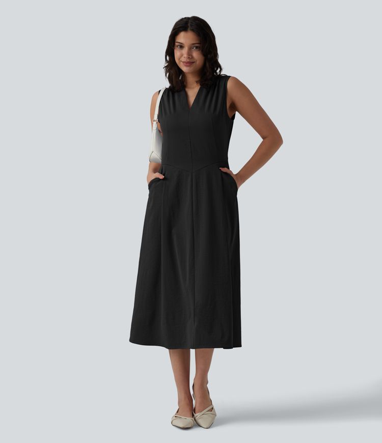 V-neck Pleated Sleeveless Invisible Zipper Midi Work Dress with Pockets