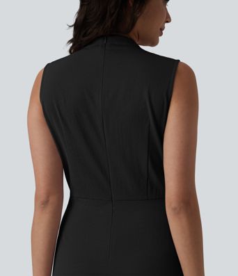 V-neck Pleated Sleeveless Invisible Zipper Midi Work Dress with Pockets