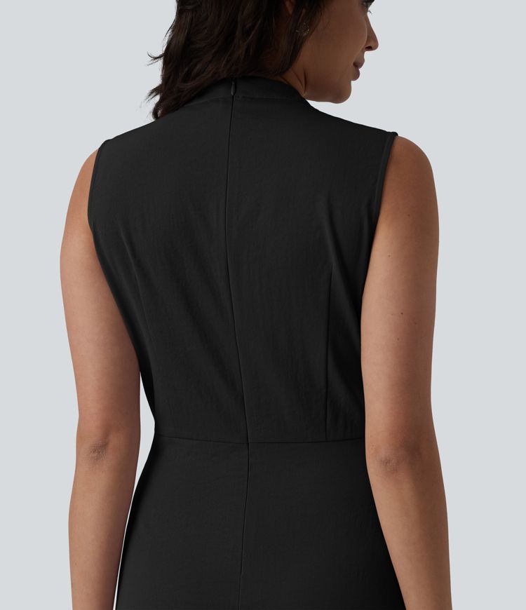V-neck Pleated Sleeveless Invisible Zipper Midi Work Dress with Pockets