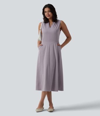 V-neck Pleated Sleeveless Invisible Zipper Midi Work Dress with Pockets