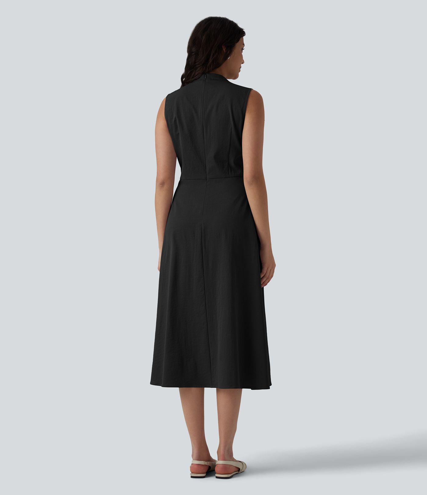 V-neck Pleated Sleeveless Invisible Zipper Midi Work Dress with Pockets