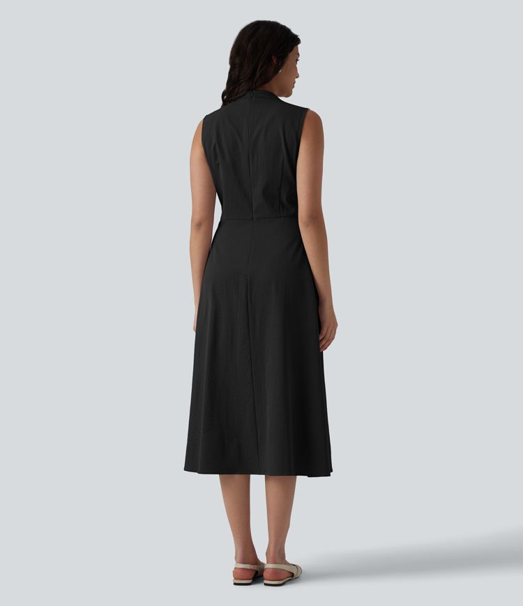 V-neck Pleated Sleeveless Invisible Zipper Midi Work Dress with Pockets