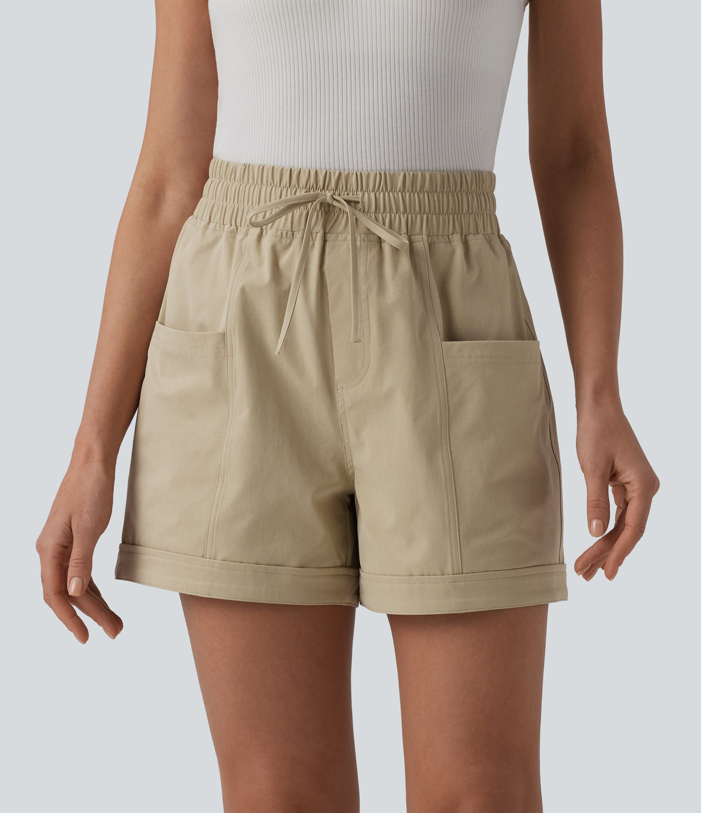 Mid Rise Drawstring Stretchy Poplin Casual Baggy Shorts with Pockets