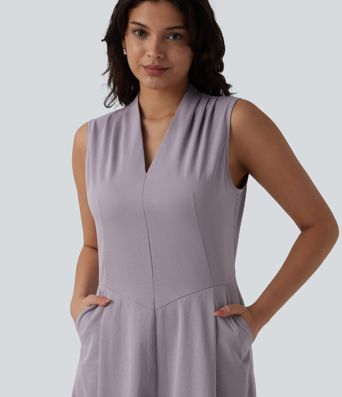 V-neck Pleated Sleeveless Invisible Zipper Midi Work Dress with Pockets