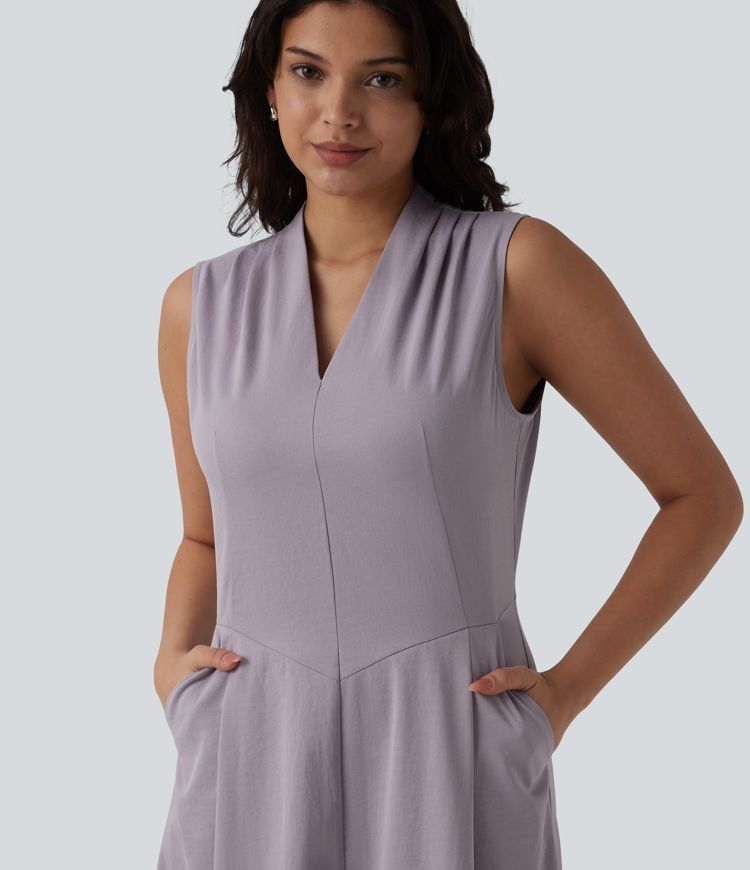 V-neck Pleated Sleeveless Invisible Zipper Midi Work Dress with Pockets
