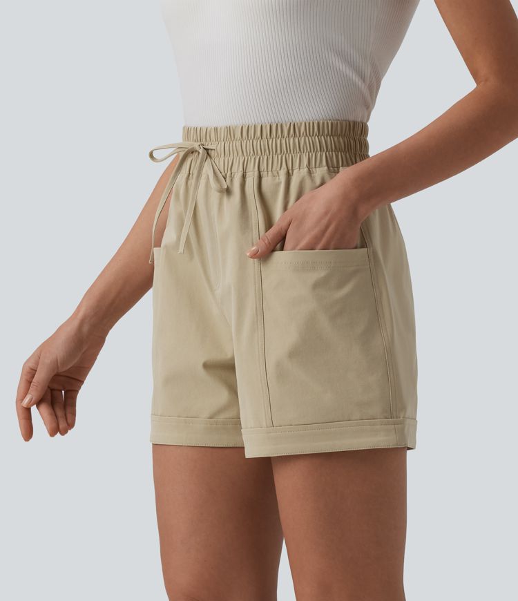 Mid Rise Drawstring Stretchy Poplin Casual Baggy Shorts with Pockets