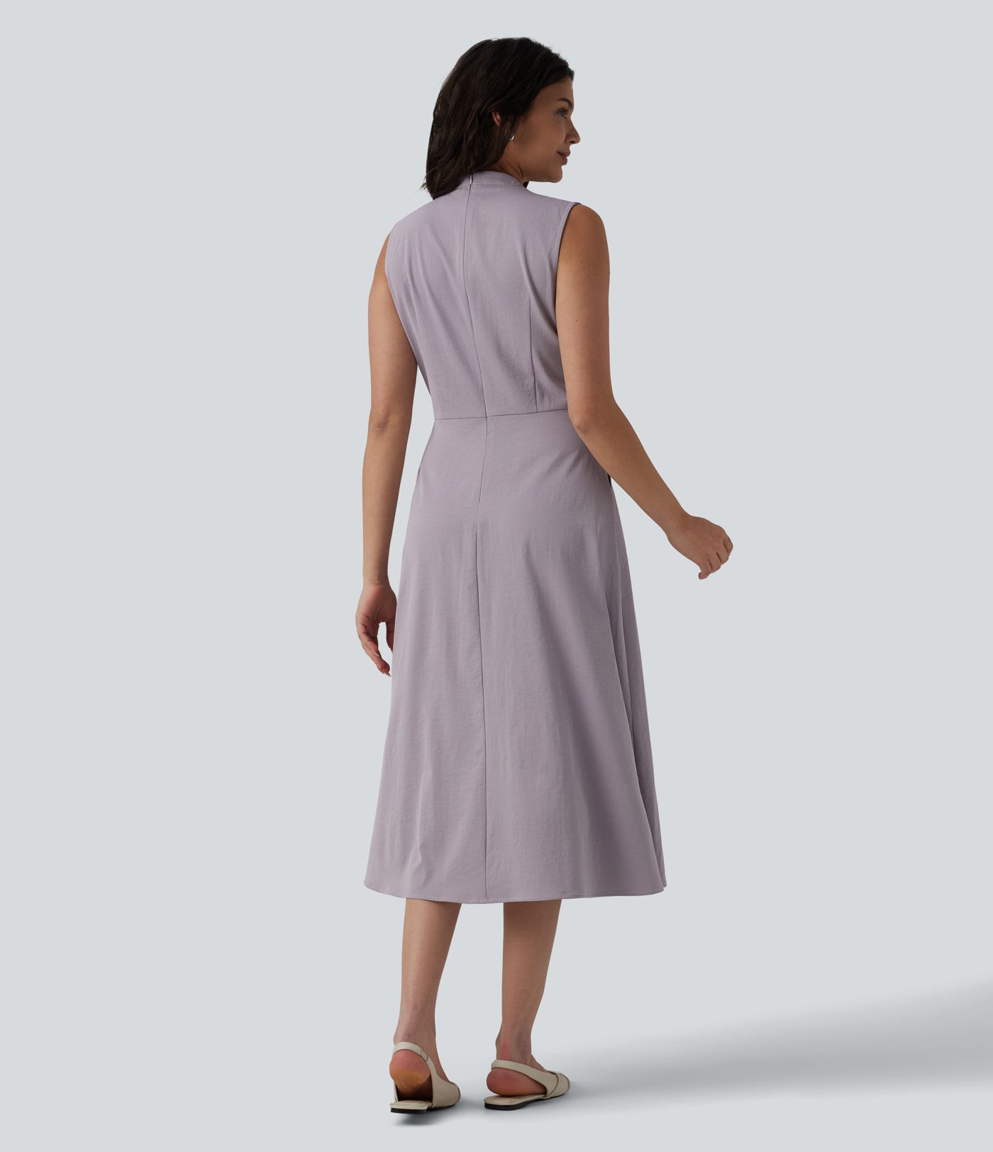 V-neck Pleated Sleeveless Invisible Zipper Midi Work Dress with Pockets