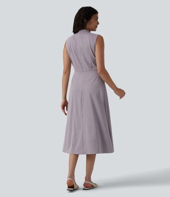 V-neck Pleated Sleeveless Invisible Zipper Midi Work Dress with Pockets