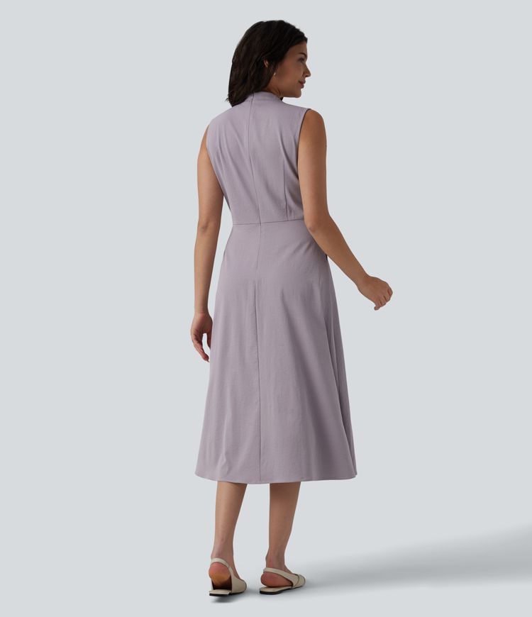 V-neck Pleated Sleeveless Invisible Zipper Midi Work Dress with Pockets