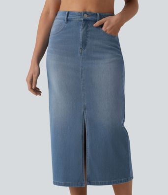 Halara Flex™ High Waisted Split Midi Denim Casual Straight Skirt with Pockets