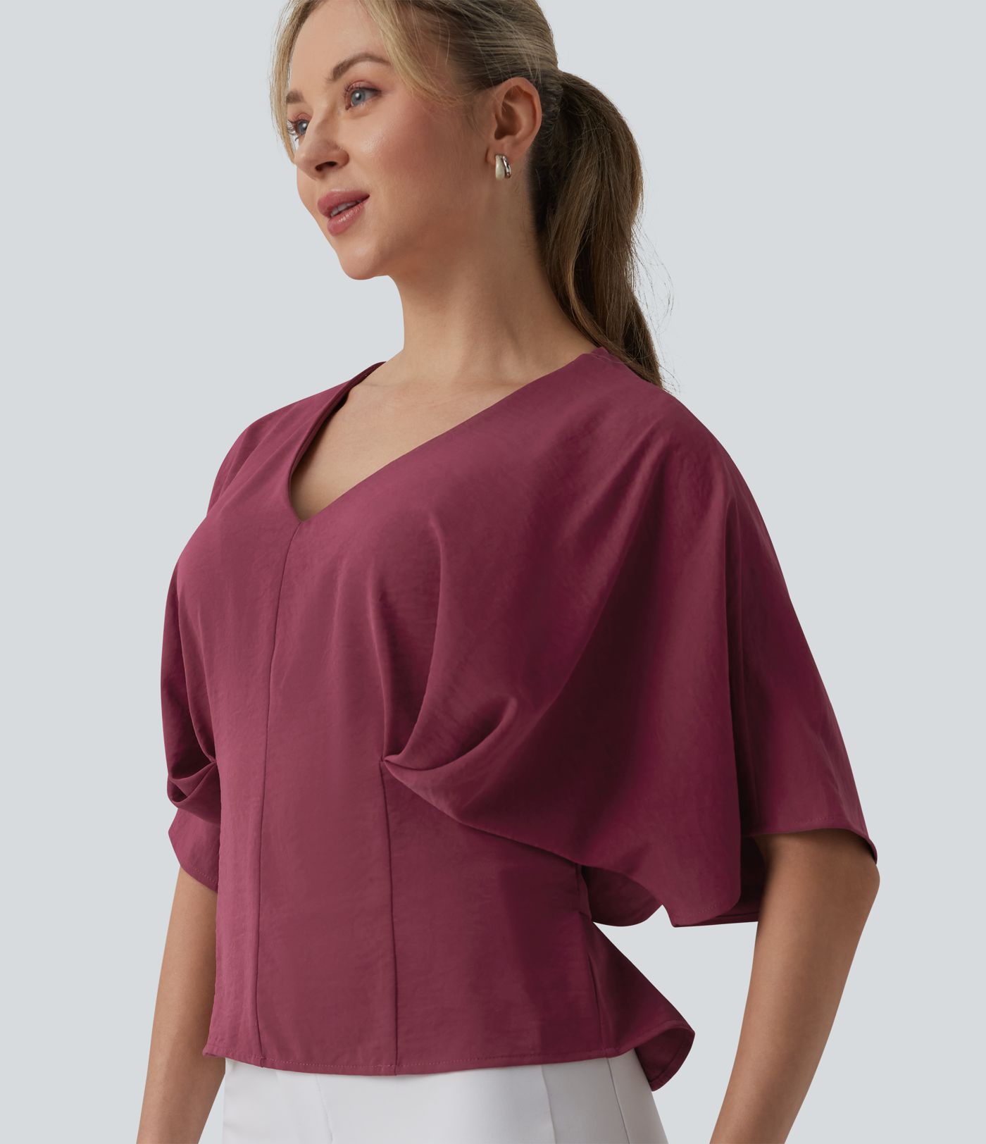 Deep V-neck Batwing Sleeve Tie-back Casual Top Deep V-neck Batwing Sleeve Tie-back Casual Top