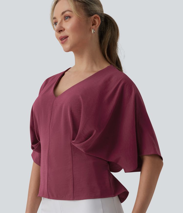 Deep V-neck Batwing Sleeve Tie-back Casual Top Deep V-neck Batwing Sleeve Tie-back Casual Top