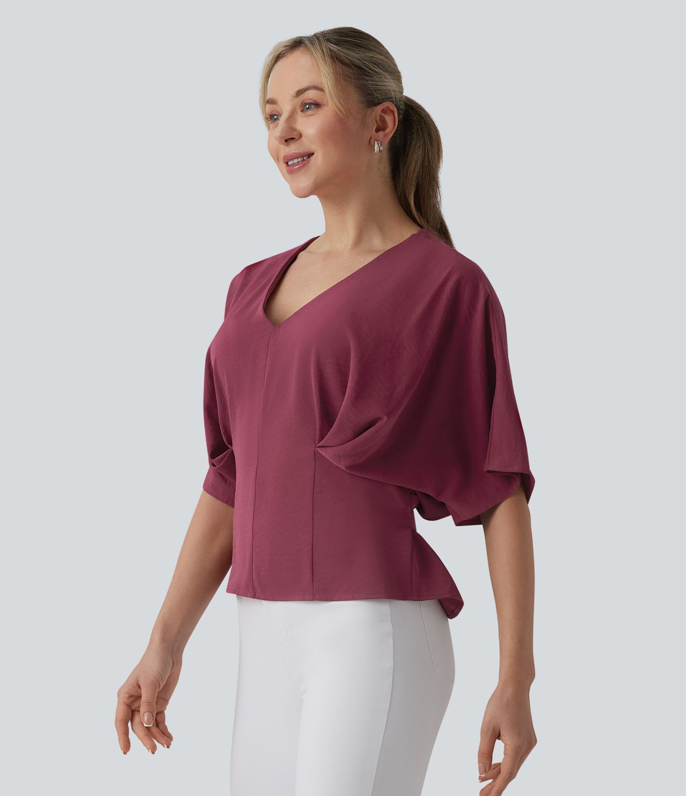 Deep V-neck Batwing Sleeve Tie-back Casual Top Deep V-neck Batwing Sleeve Tie-back Casual Top