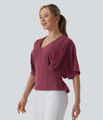 Deep V-neck Batwing Sleeve Tie-back Casual Top Deep V-neck Batwing Sleeve Tie-back Casual Top
