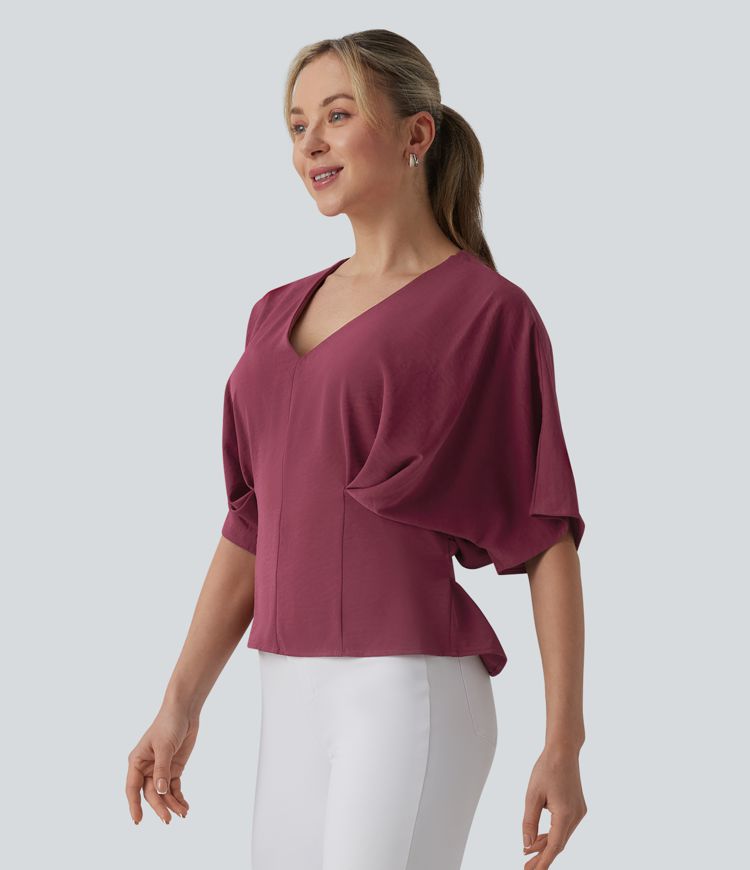 Deep V-neck Batwing Sleeve Tie-back Casual Top Deep V-neck Batwing Sleeve Tie-back Casual Top