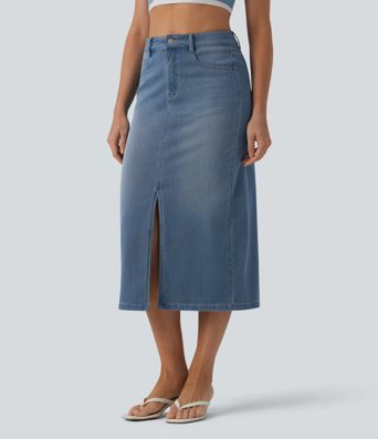 Halara Flex™ High Waisted Split Midi Denim Casual Straight Skirt with Pockets