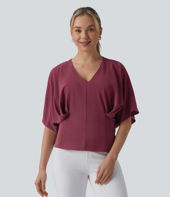 Deep V-neck Batwing Sleeve Tie-back Casual Top Deep V-neck Batwing Sleeve Tie-back Casual Top