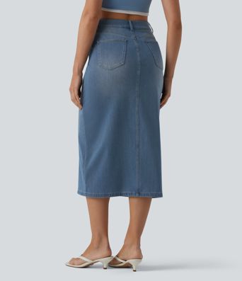 Halara Flex™ High Waisted Split Midi Denim Casual Straight Skirt with Pockets
