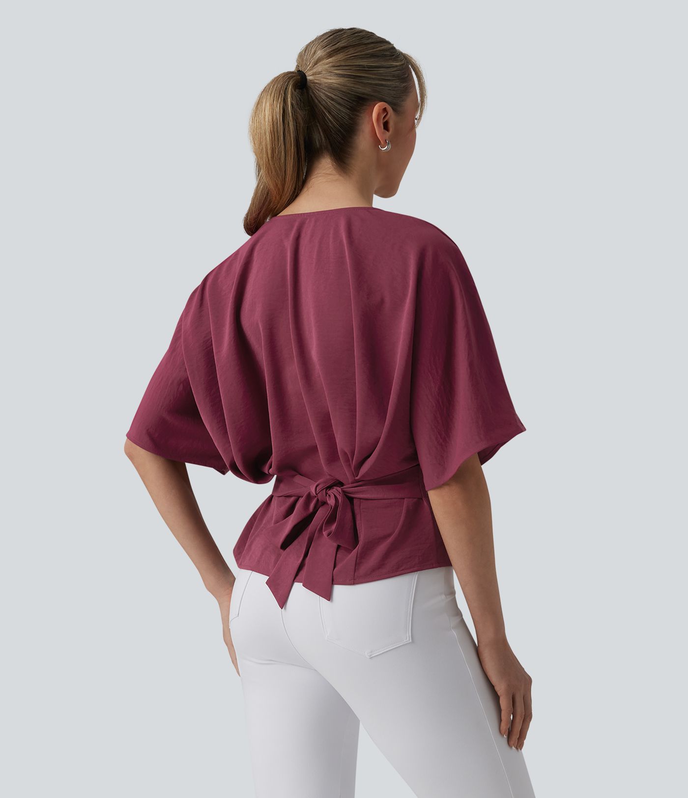 Deep V-neck Batwing Sleeve Tie-back Casual Top Deep V-neck Batwing Sleeve Tie-back Casual Top