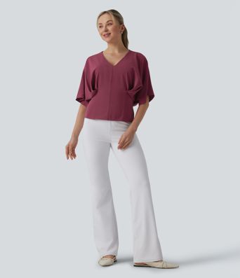 Deep V-neck Batwing Sleeve Tie-back Casual Top Deep V-neck Batwing Sleeve Tie-back Casual Top