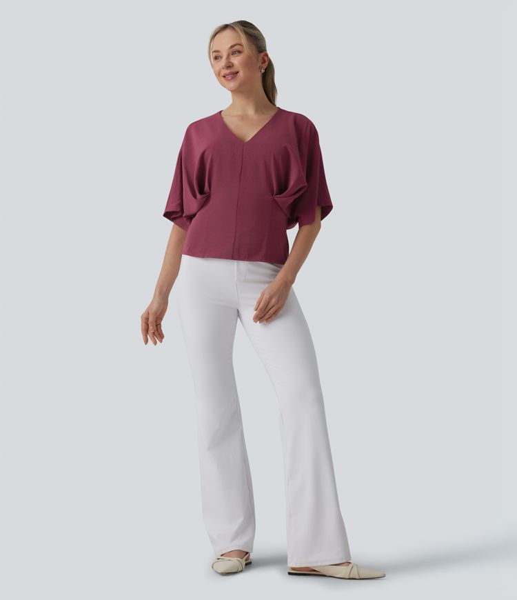 Deep V-neck Batwing Sleeve Tie-back Casual Top Deep V-neck Batwing Sleeve Tie-back Casual Top