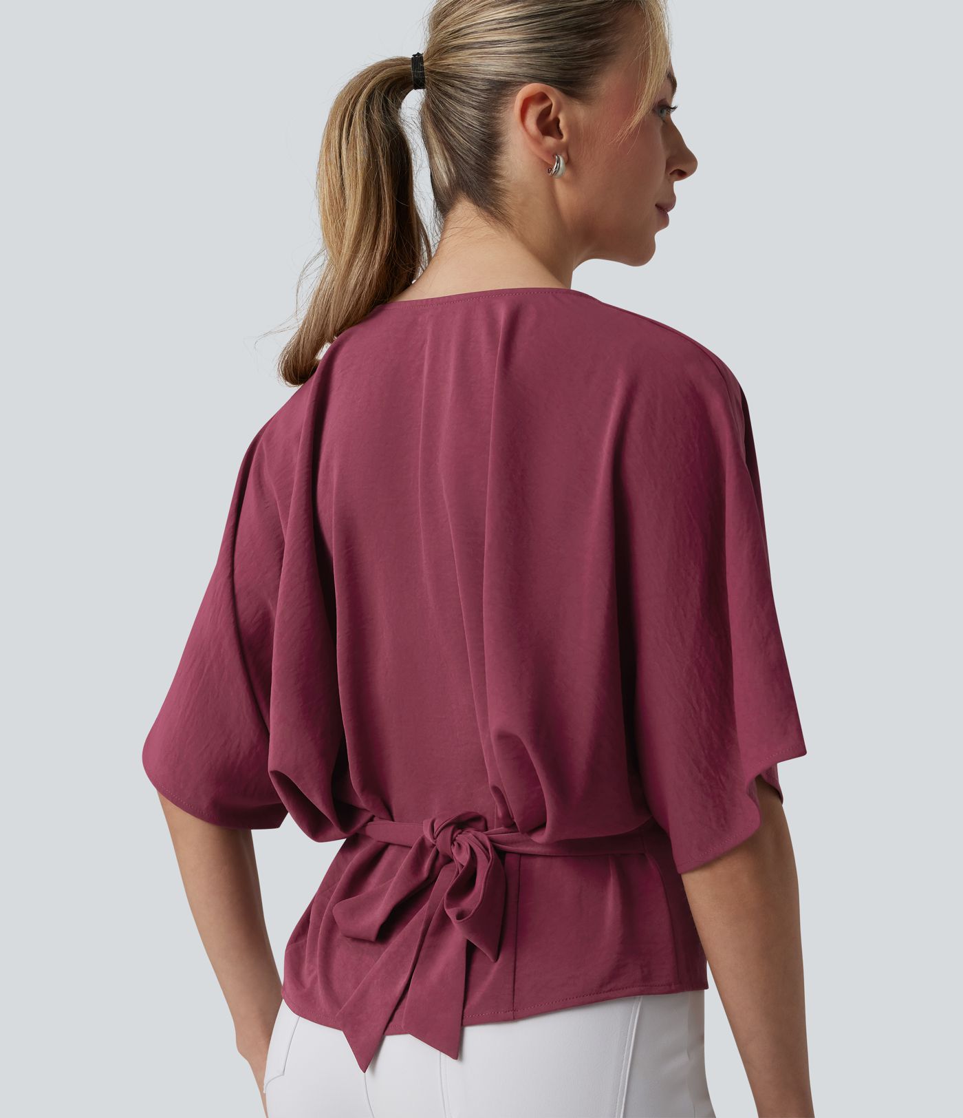 Deep V-neck Batwing Sleeve Tie-back Casual Top Deep V-neck Batwing Sleeve Tie-back Casual Top