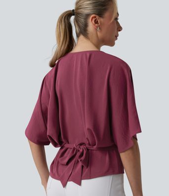 Deep V-neck Batwing Sleeve Tie-back Casual Top Deep V-neck Batwing Sleeve Tie-back Casual Top